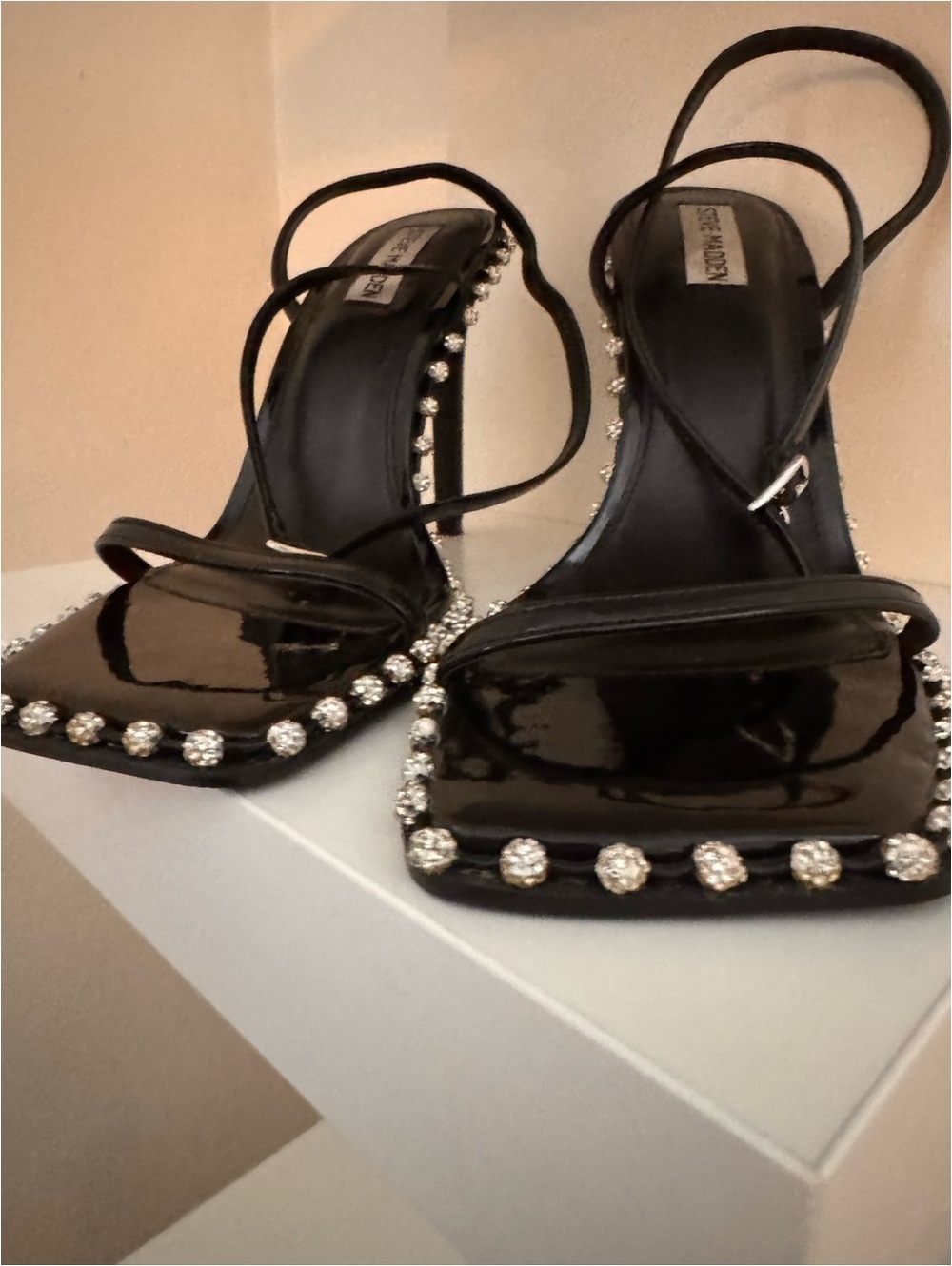 Steve Madden Black Patent Crystal-Embellished Slingback Heels - Picture 2 of 9